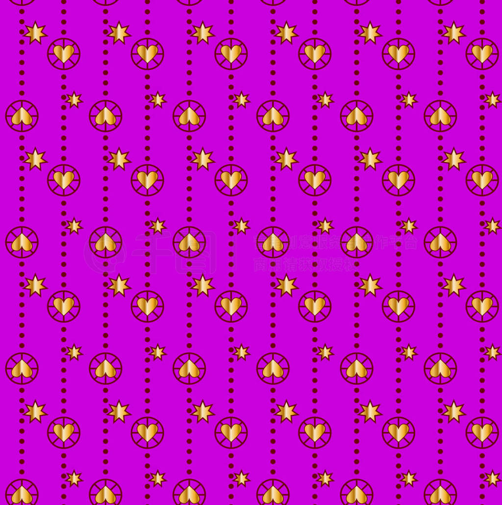 Elegant golden hearts and stars. Repeating on purple background.