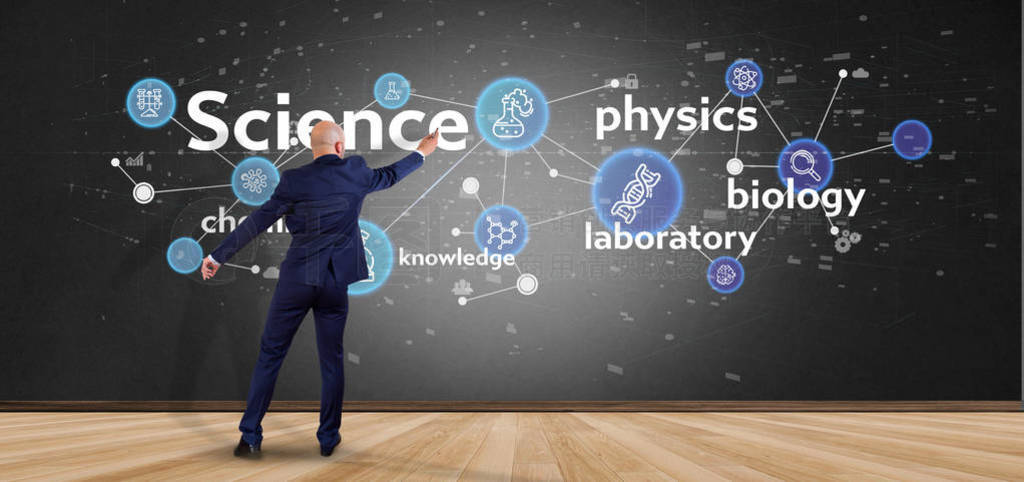 Businessman holding Science icons and title