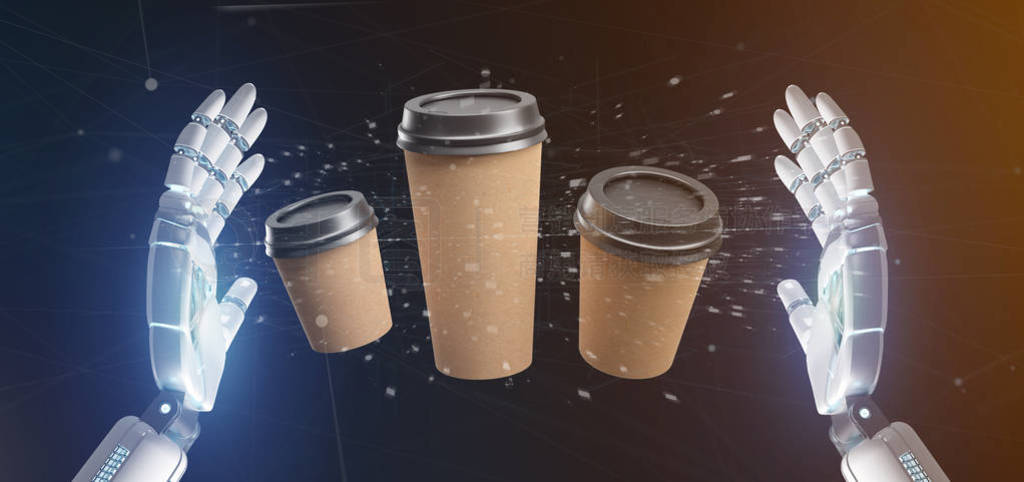 Cyborg holding a Group of cardbox coffee cup with connection 3d
