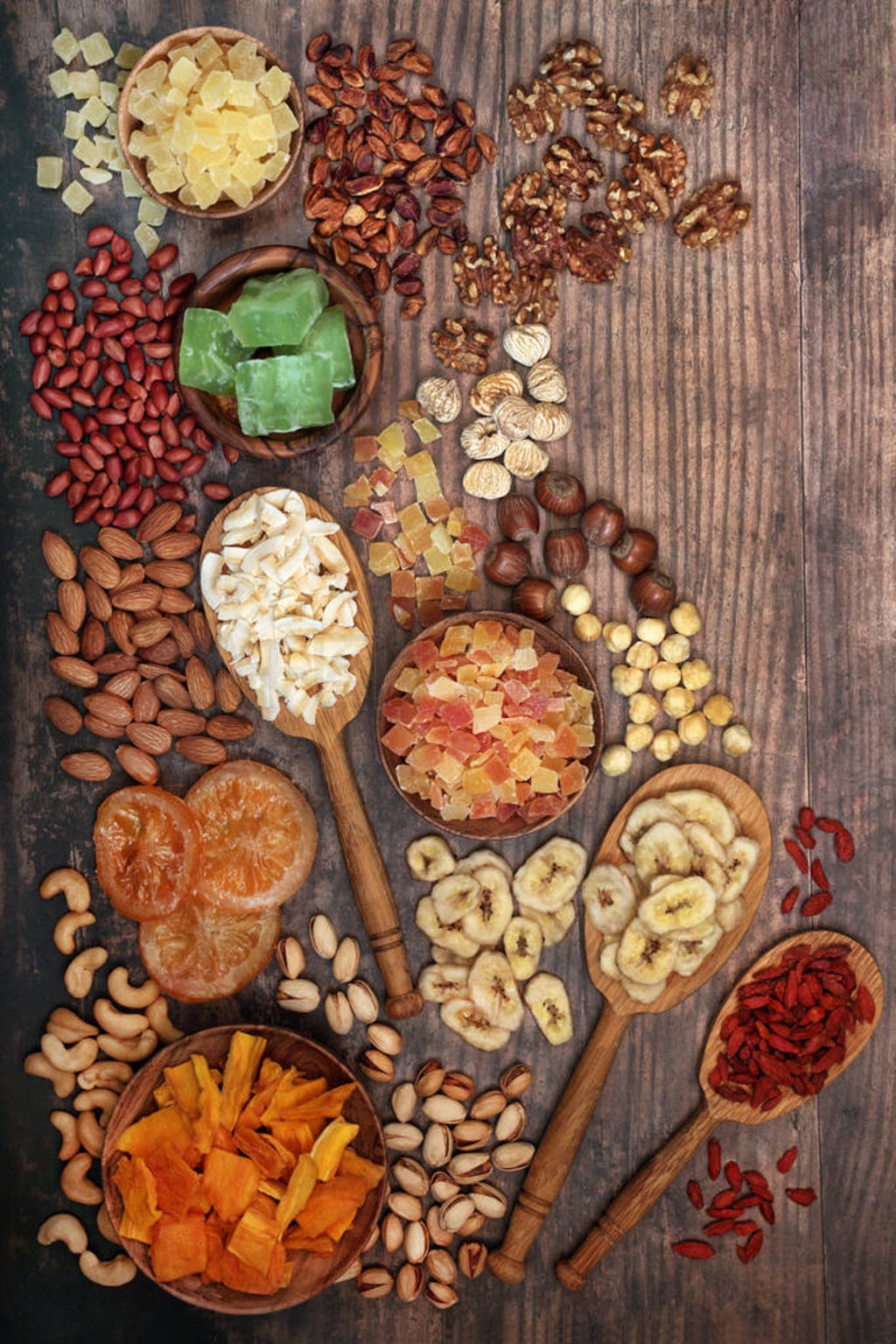 Dried Fruit and Nut Assortment on Rustic Wood