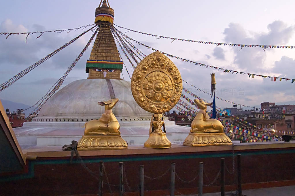 Boudhanath Stupa from nearby Buddhist Temple with Two Deer and W