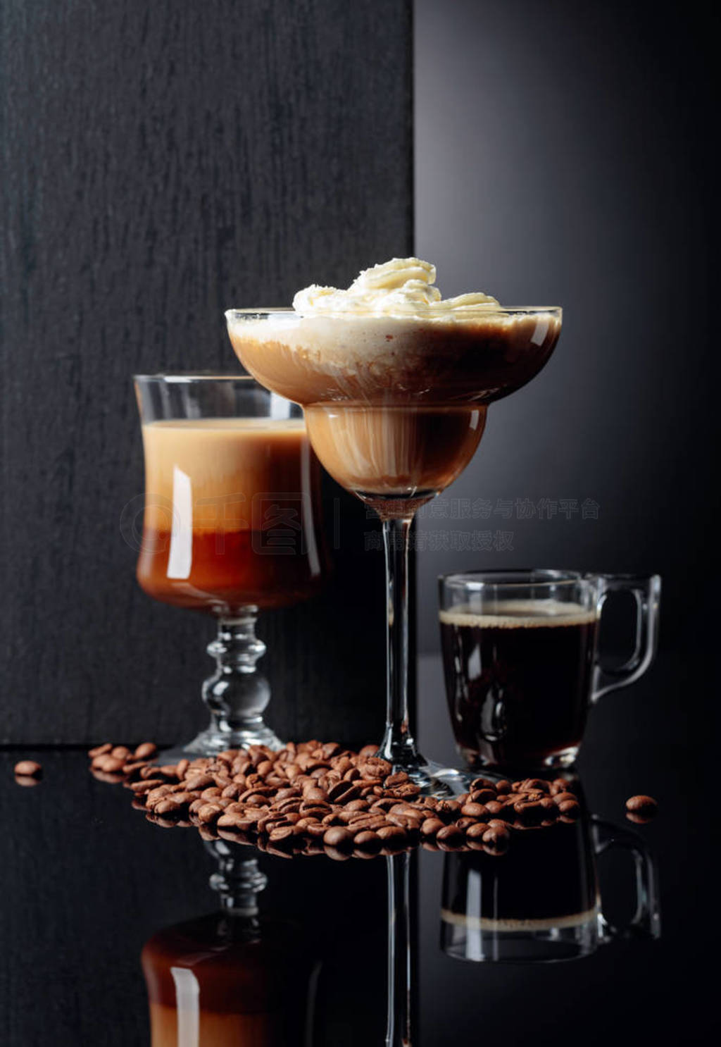 Coffee cocktails and espresso on black reflective background.