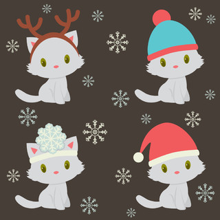 四个可爱的小猫字符在冬季假期时间