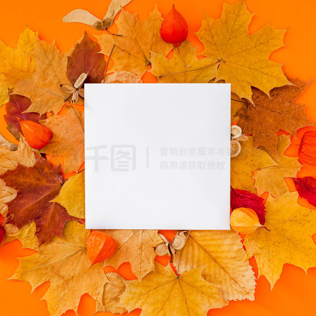 Autumn postcard mockup with fall leaves