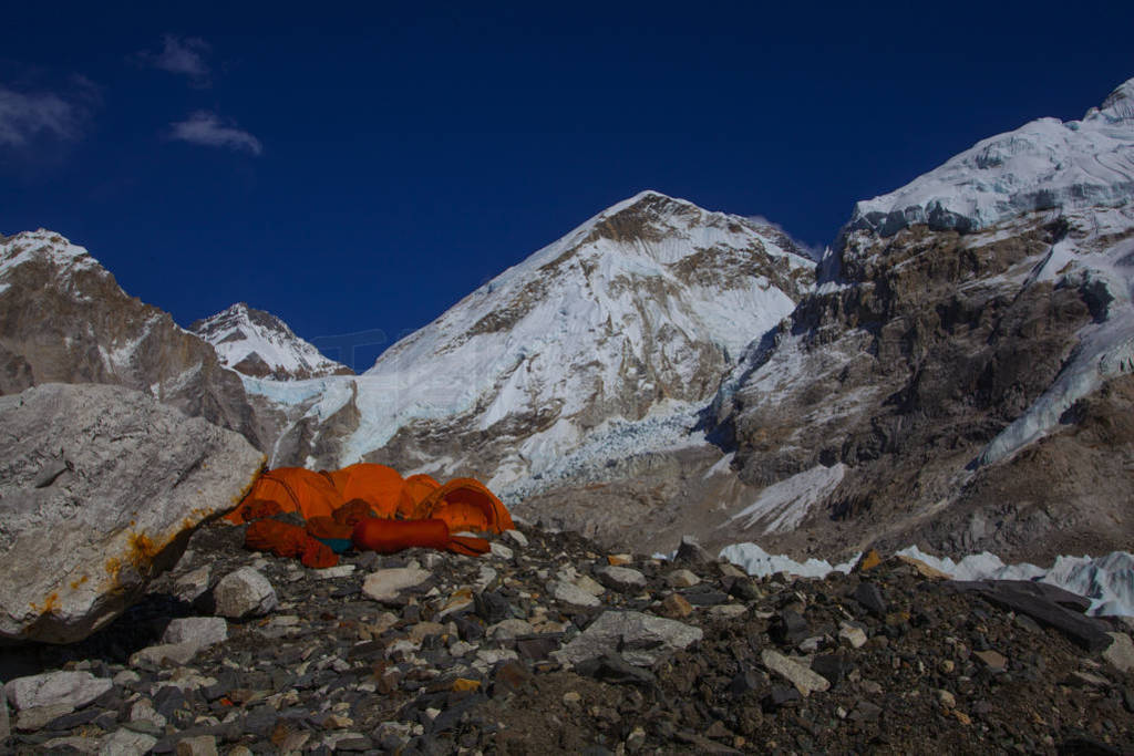 View from Mount Everest base camp, tents and prayer flags, saga