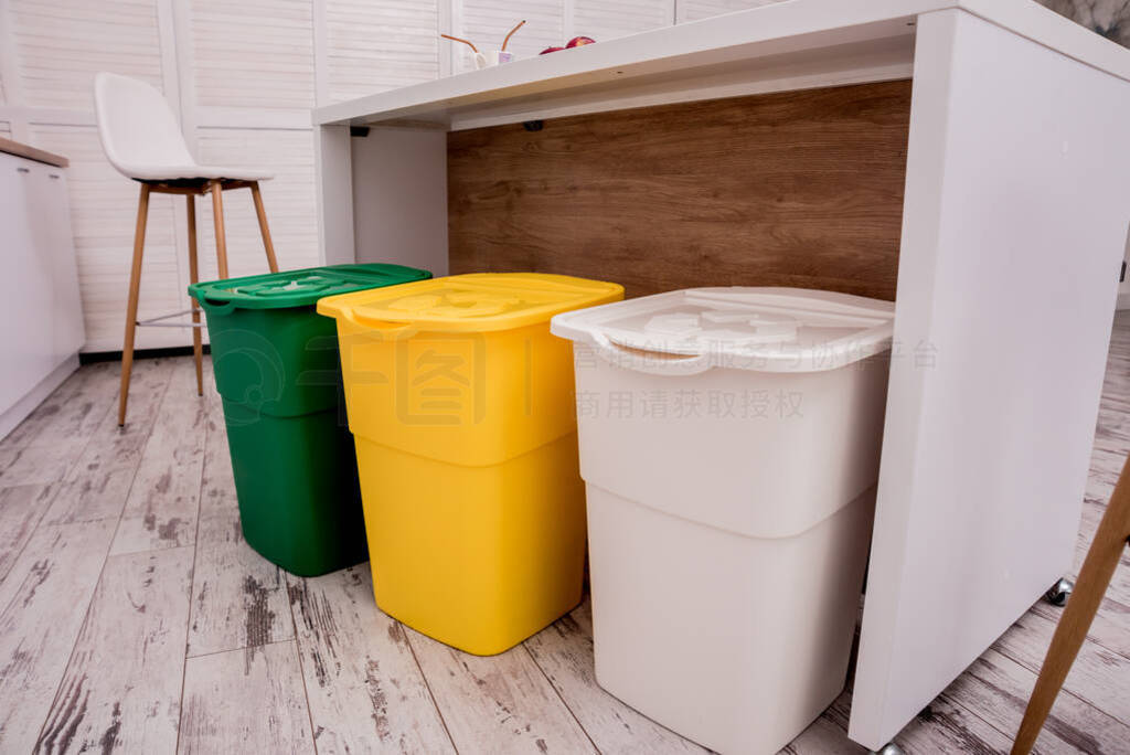 Recycle bins in the kitchen. Household waste sorting.