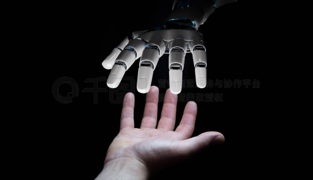 Robot hand making contact with human hand on dark background 3D