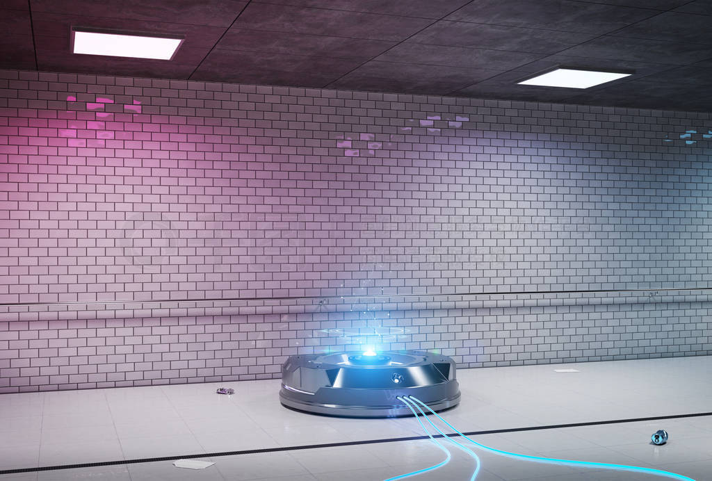 Interface hologram projector in dark underground 3d rendering