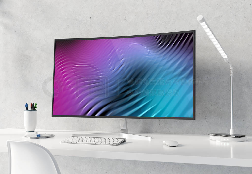 Curved monitor on white desktop and concrete interior mockup 3D