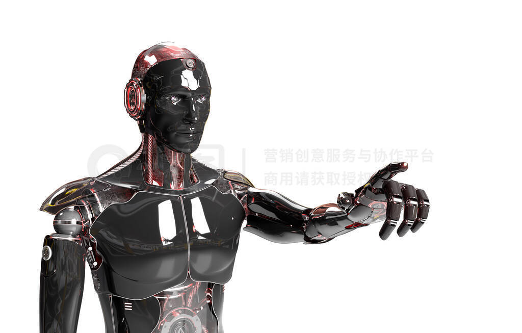 Black and red intelligent robot cyborg pointing finger on white