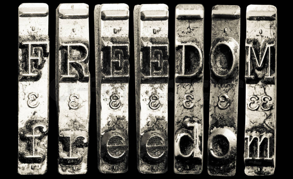 the word FREEDOME with old typewriter hammers