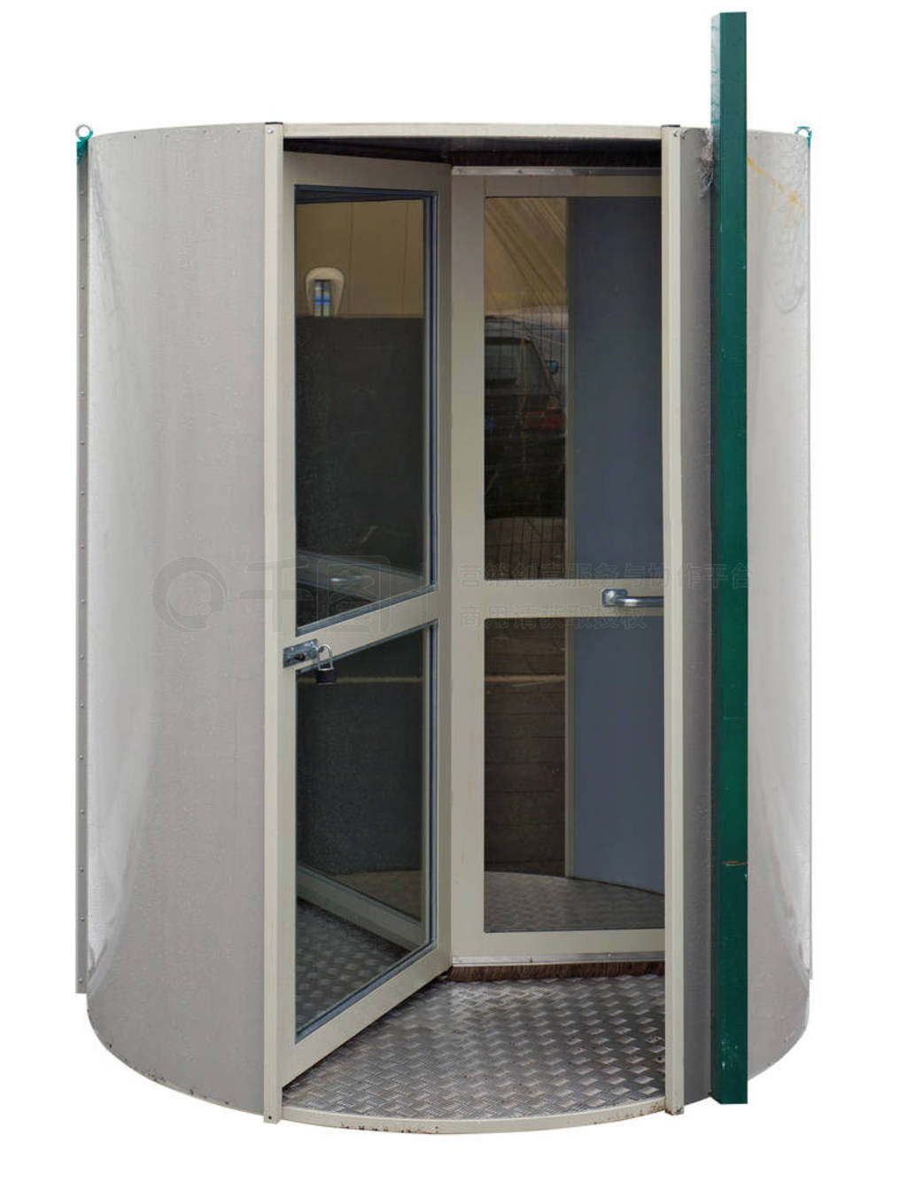 Metal gateway with revolving door for mobile inflatable stadium