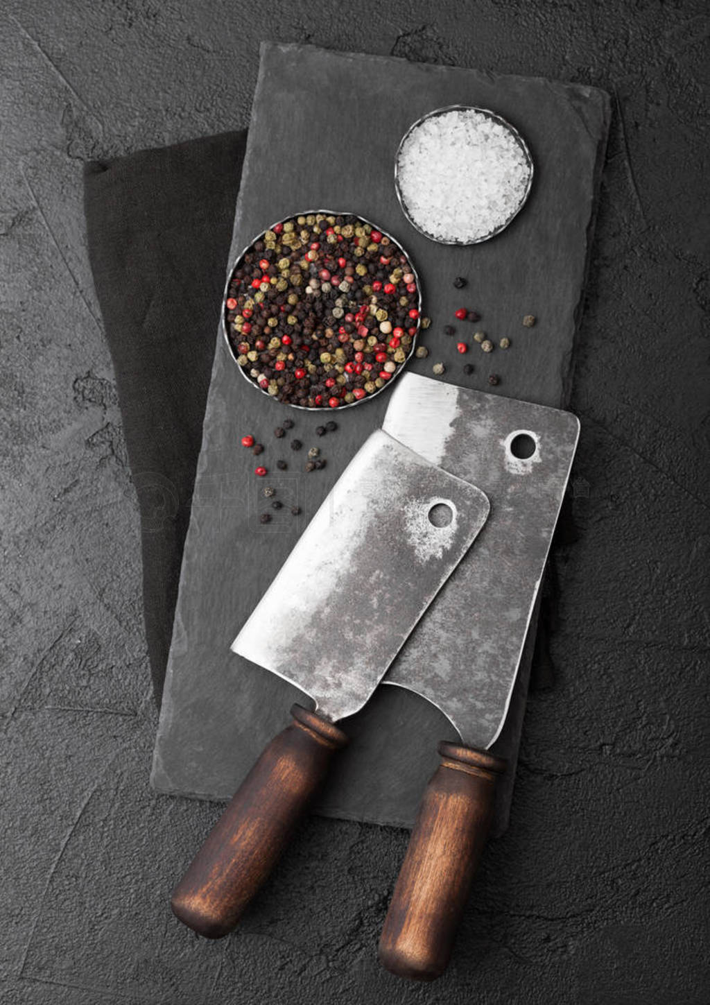 Vintage meat knife hatchets with stone chopping board and black