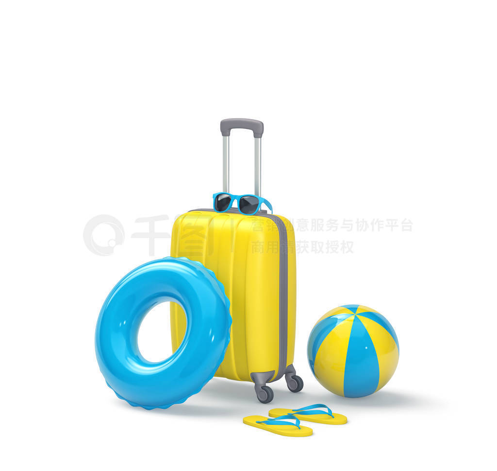 Yellow suitcase, sunglasses, swimming ring, beach ball and flip
