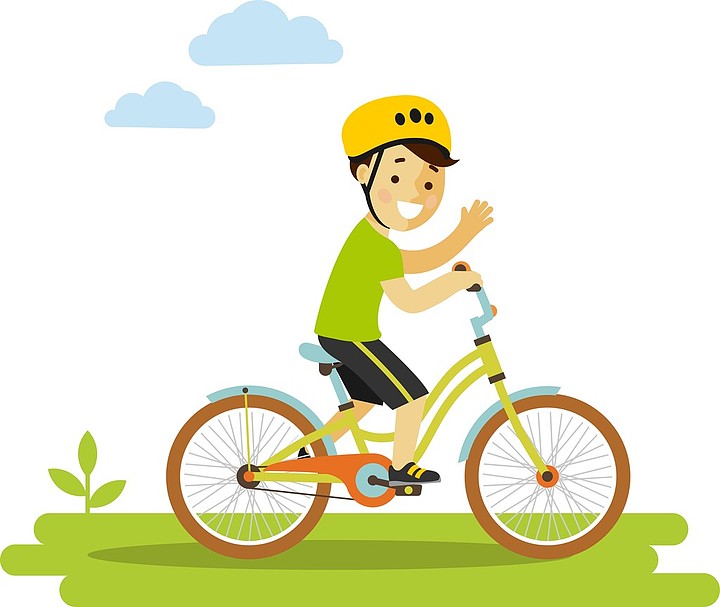 快乐的小男孩,骑着自行车在平面样式中的白色背景上孤立