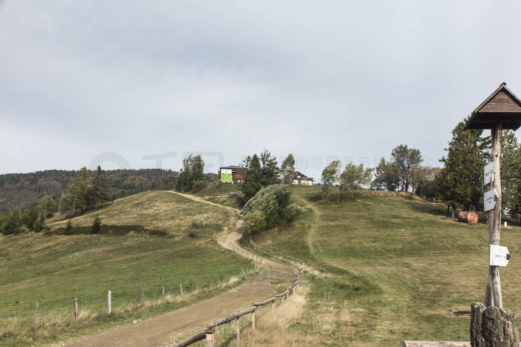 Mountain pastoral hall, view of Hala Boracz and in the distance