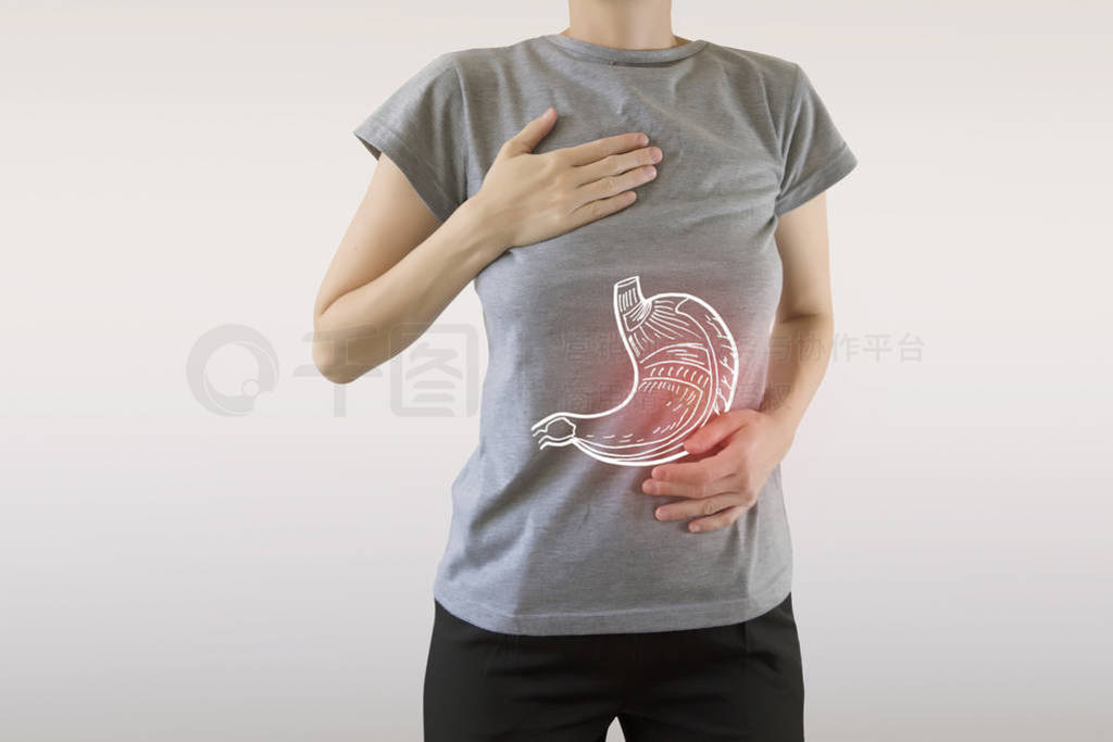 Digital composite of highlighted painful stomach of woman