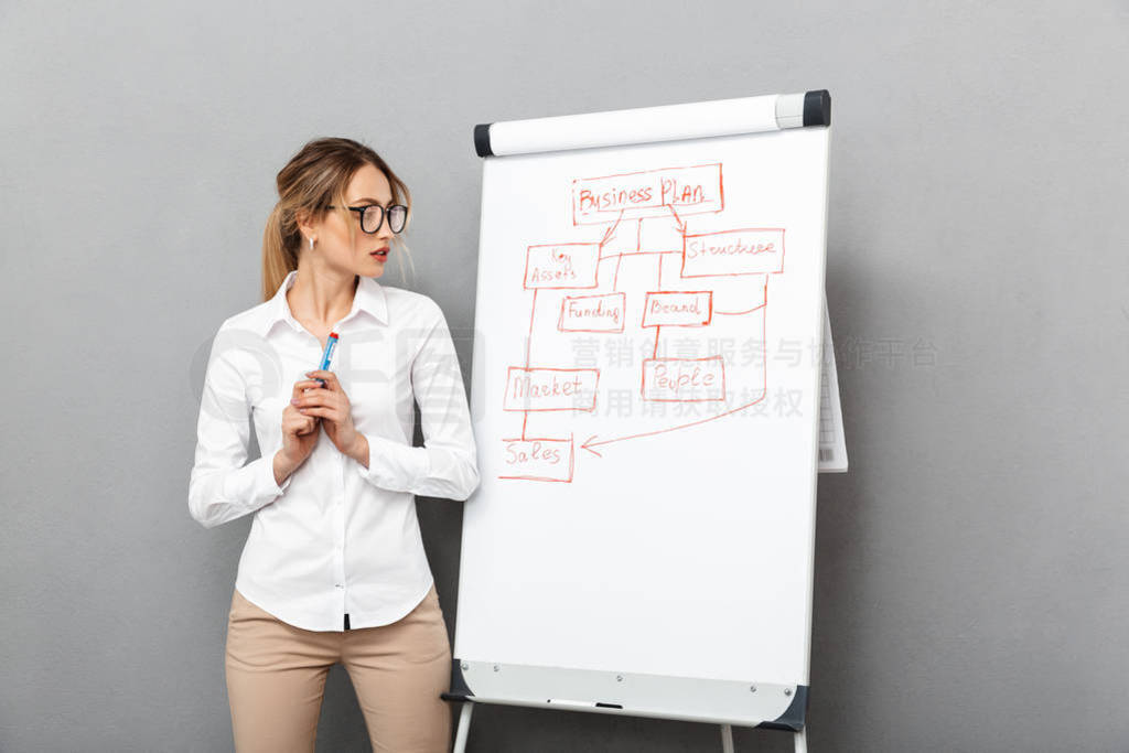 Image of smart businesswoman in formal wear standing and making