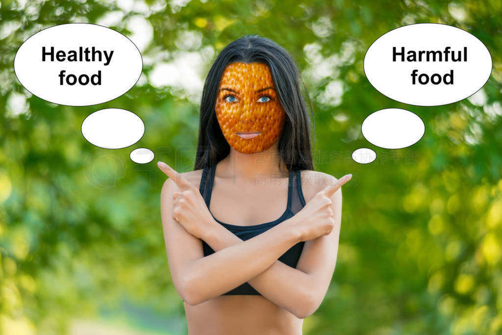 young girl with orange peel skin, bad skin sign, shows the words