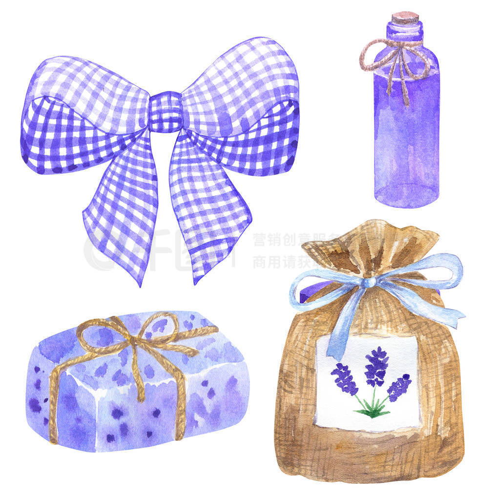 Elements for provence design. Violet bow, sachet, wrapped soap,