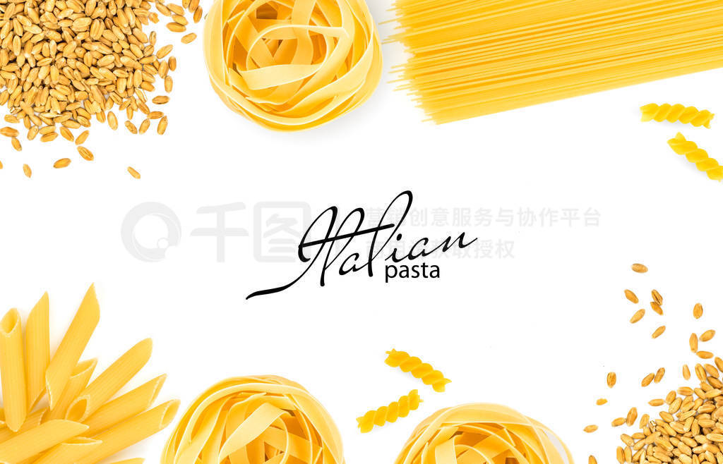 Fettuccine, spaghetti, penne, fusilli from durum wheat isolated