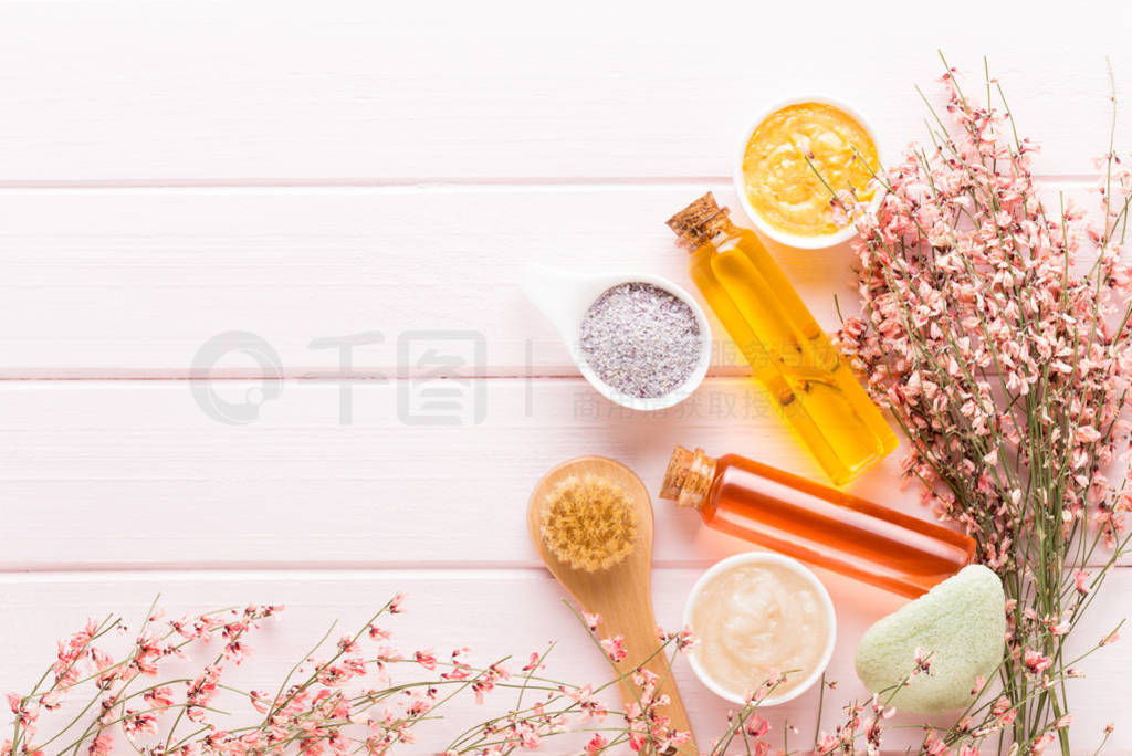 Beauty and fashion concept with spa set on pastel rustic wooden