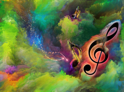 高音谱号符号在彩色颜料的漩涡中作为作品的背景艺术, 灵感, 创造力, 声音表演和古典音乐