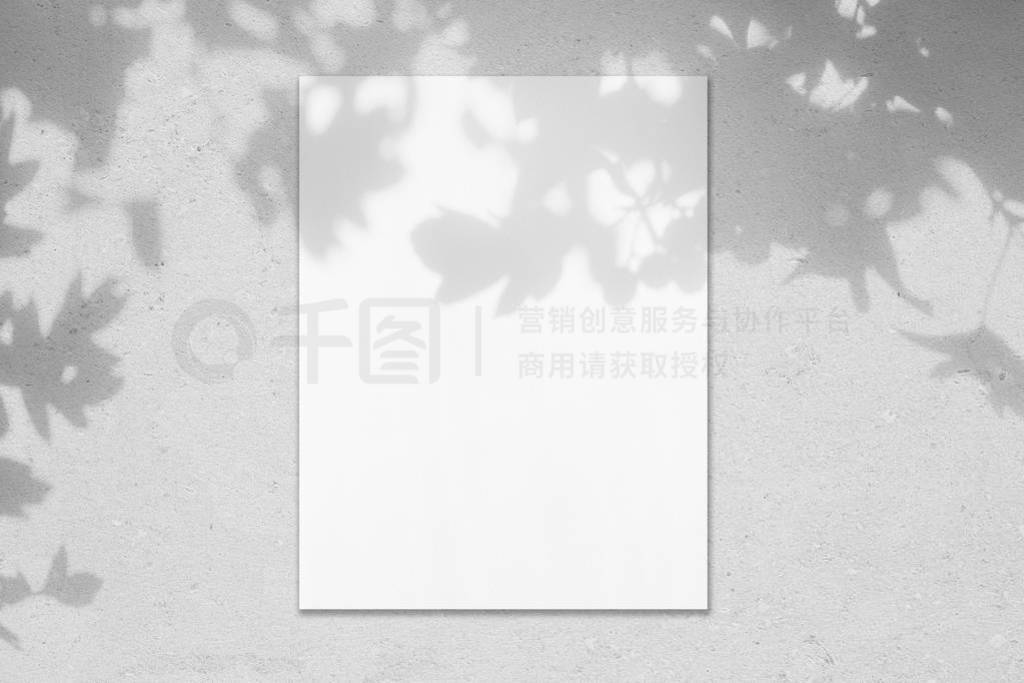 Empty white vertical rectangle poster mockup with leaves shadows