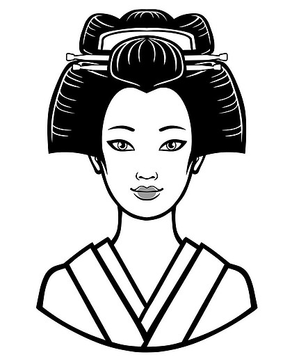 年轻的日本女孩,古代发型的画像在白色背景上孤立的单色矢量图