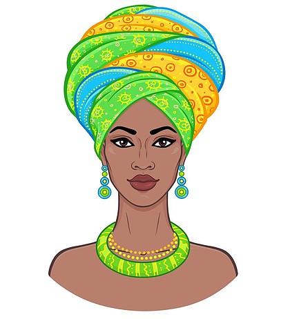 动画肖像的年轻黑人妇女在头巾在白色背景上隔离的矢量颜色插图
