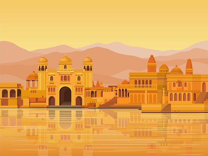 动漫景观: 古印度城: 寺庙,宫殿,民居,河岸矢量插图
