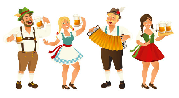 人们在德国传统,举行啤酒节,啤酒杯子的巴伐利亚服装卡通矢量图白色