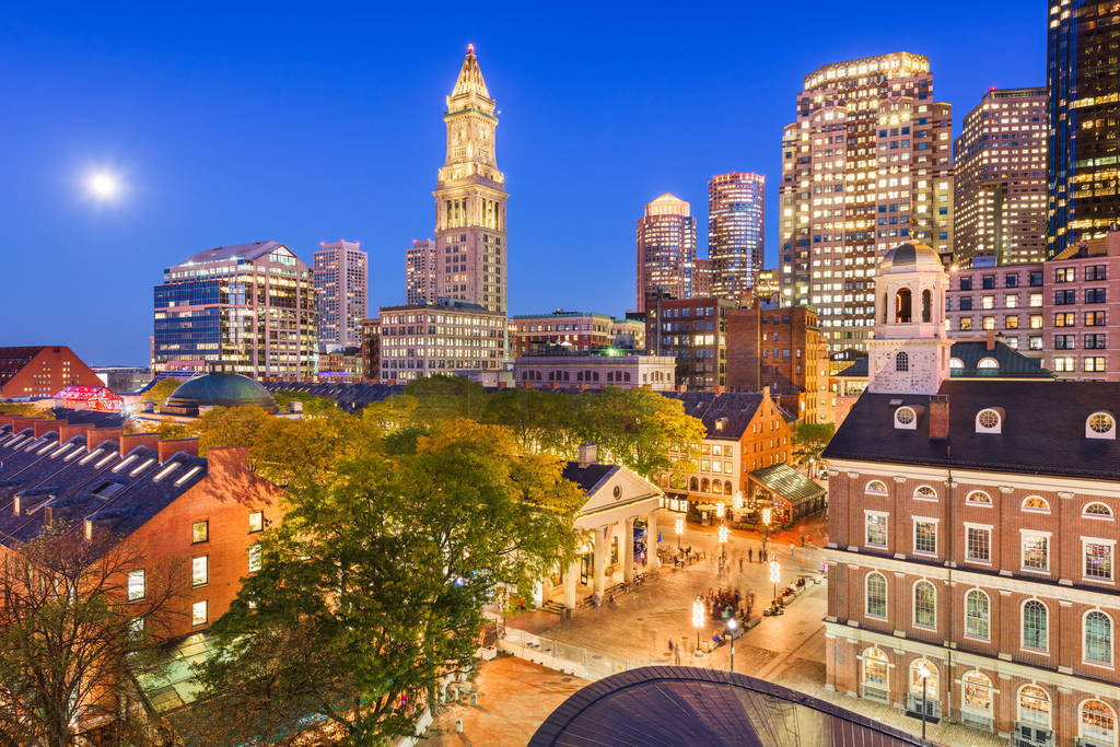 Boston, Massachusetts, USA skyline with Faneuil Hall and Quincy