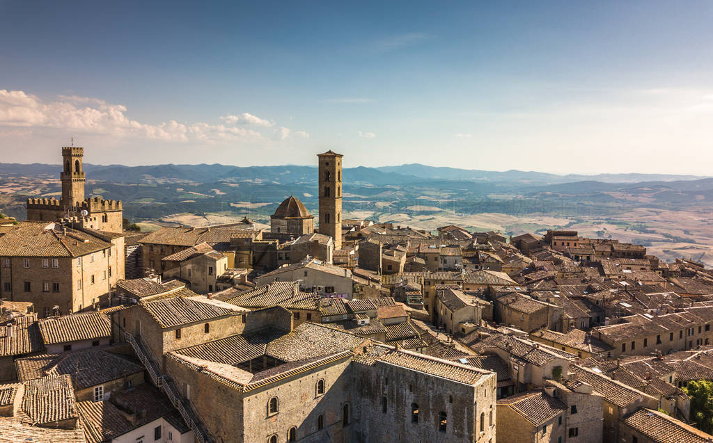 Spectacular aerial view of the old town of Volterra in Tuscany,