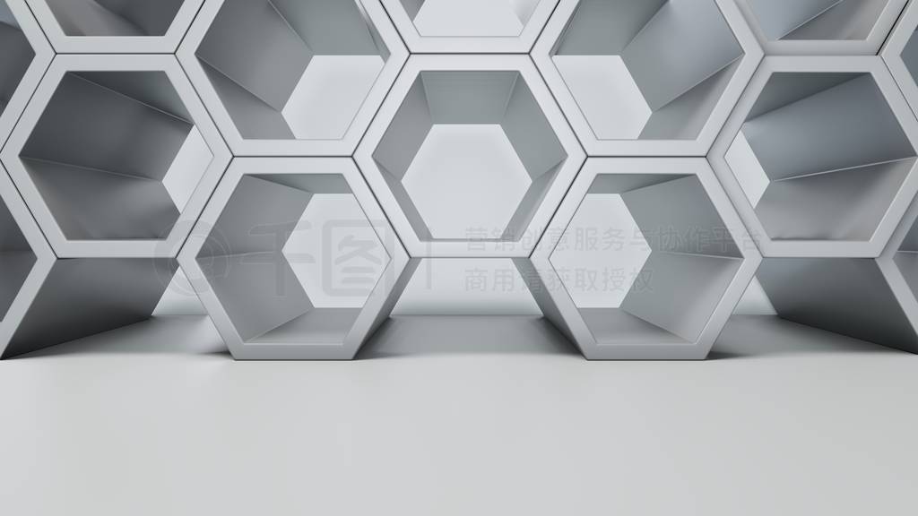 Empty white interior with hexagon shelves on the wall