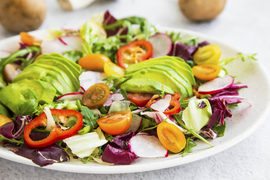Healthy salad with fresh vegetables, avocado, tomatoes, pepper,
