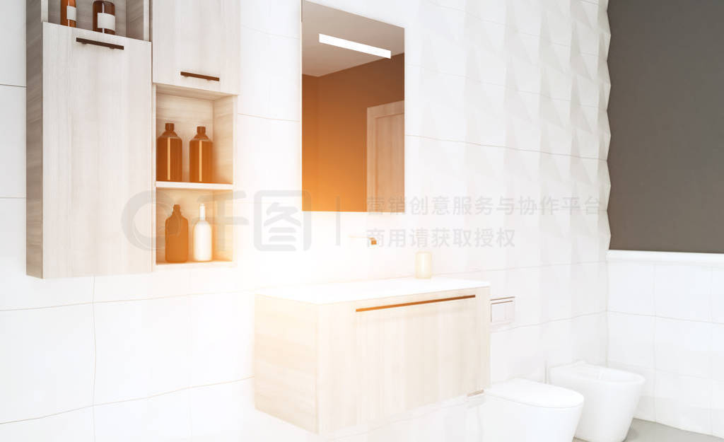 Modern light furniture. Spacious large bathroom.. 3D rendering.