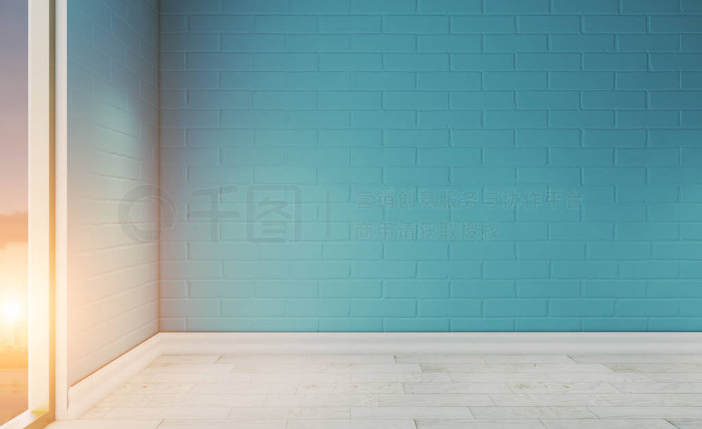 Empty blue bathroom interior with large window.. 3D rendering