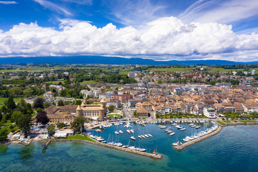 Aerial view of Morges castle in the border of the Leman Lake in