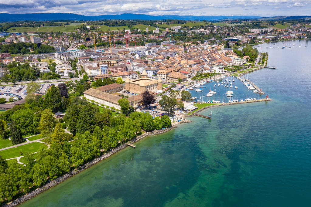 Aerial view of Morges castle in the border of the Leman Lake in