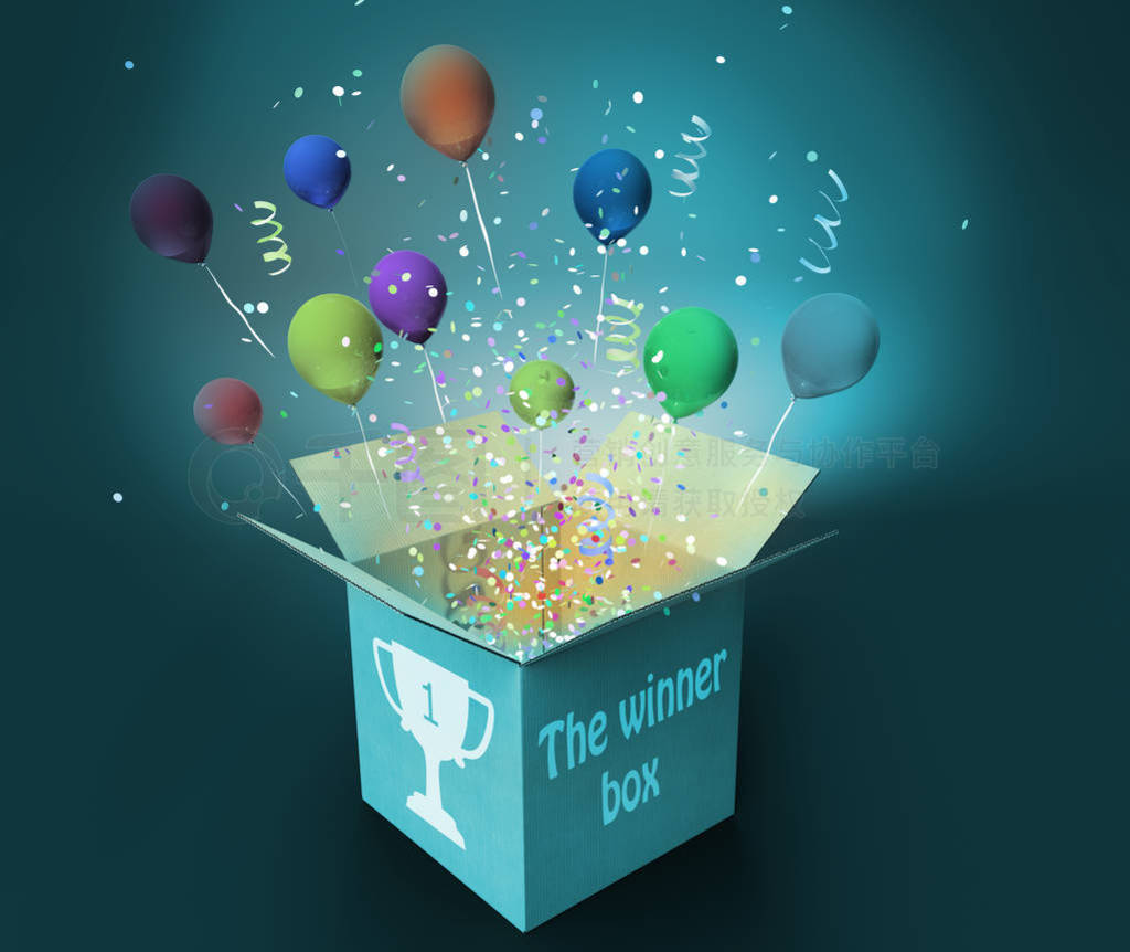 winner box with confetti and colorful balloons, win and prizes