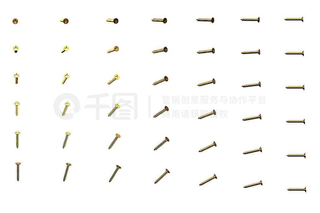 a lot of yellow, golden external screws rotated by different ang