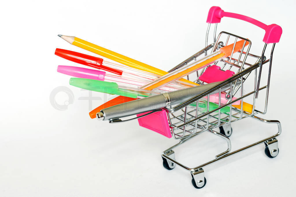 A cart from a supermarket filled with stationery. Preparing for