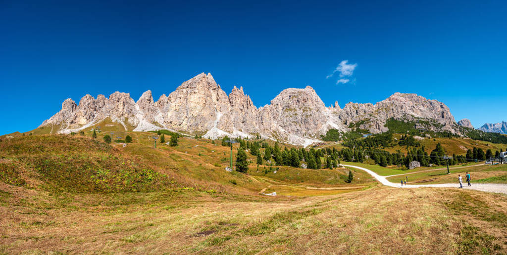 Panoramic view of magical Dolomite peaks of Pizes da Cir, Passo