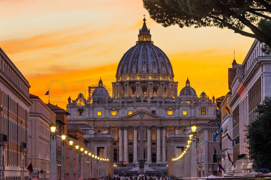 Orange Sunset Street Lights Saint Peter's Basilica Vatican Rome