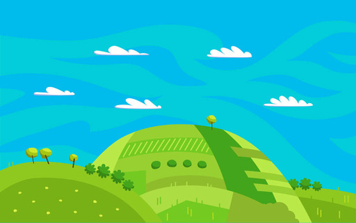 全景景观与卡通绿色的山丘, 蓝天白云矢量插图