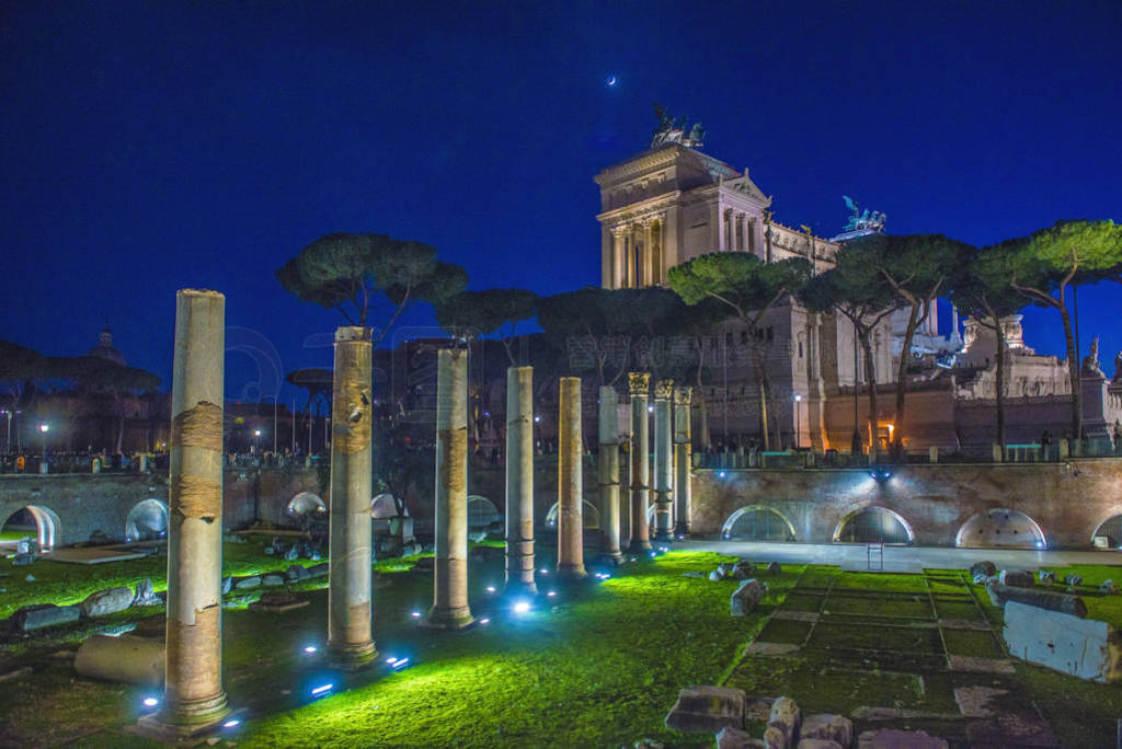 Roman Forum Ruins at Night. Ancient Government Buildings in the