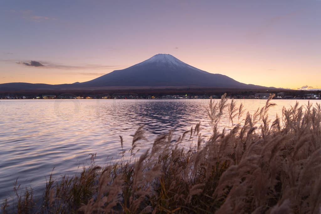 Reflection of Mountain Fuji with blue sky near Fuji Five Lakes,