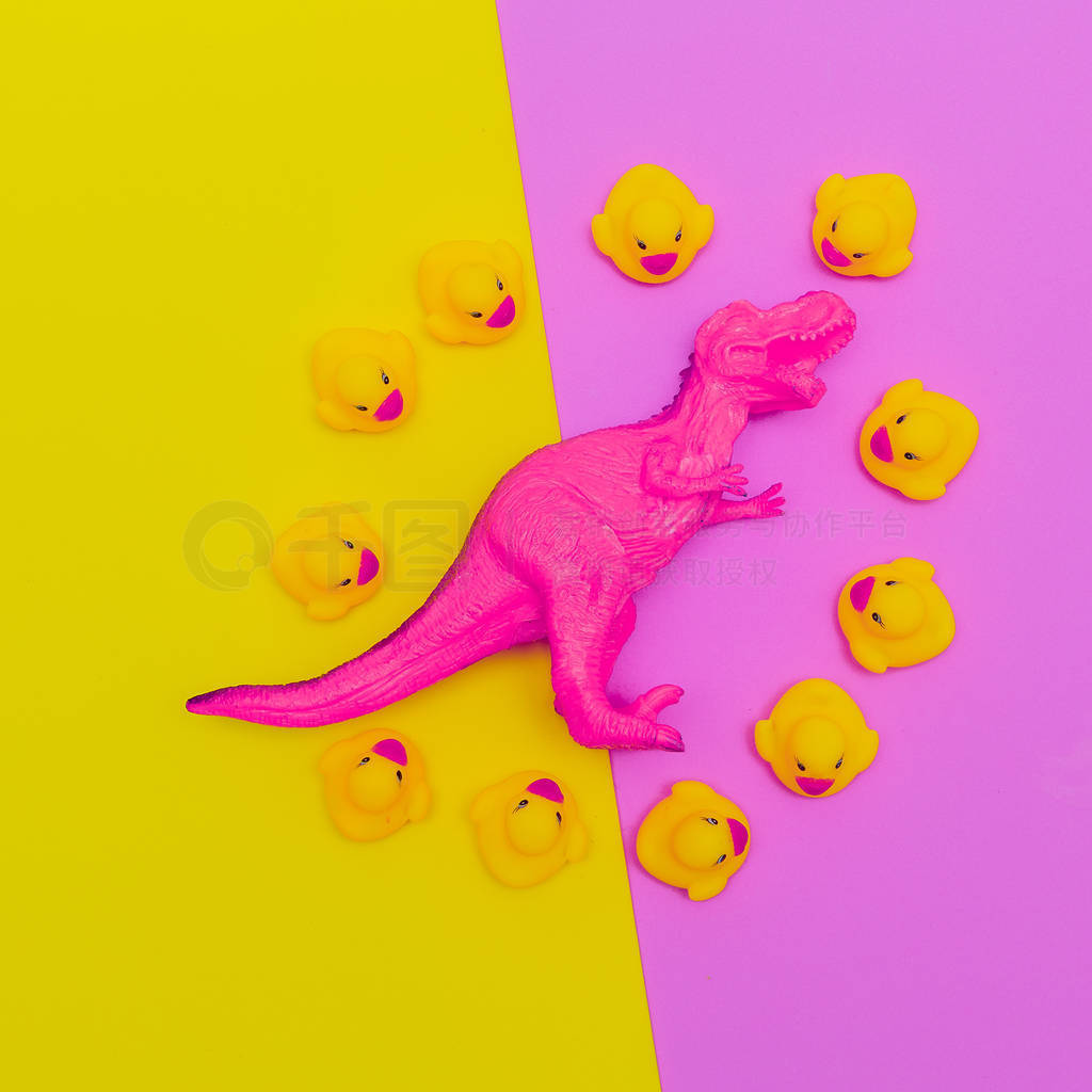 Predatory Dinosaur toy and ducklings on colored background. Min