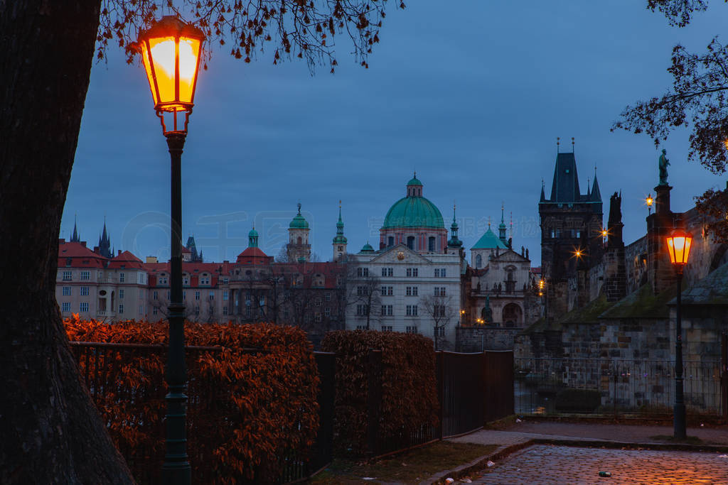 Evening scenery next to Charles bridge, Prague, Czech Republic.